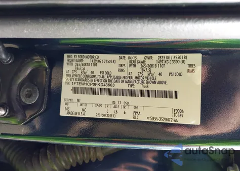 2015 Ford F-150 Xlt из США, поврежденный, VIN 1FTEW1CP0FKD43603